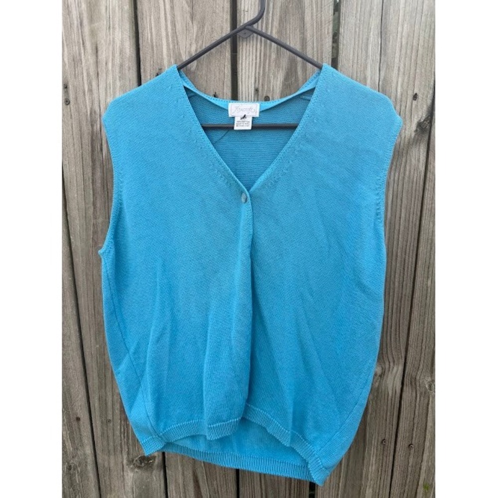 Grandmacore Preppy Foxcroft Sweater Vest S Turquoise Blue Button Front Cotton